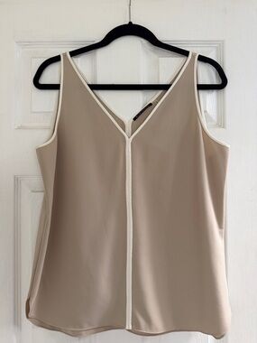Elie Tahari Taupe V-Neck Sleeveless Tank with Cream Trim